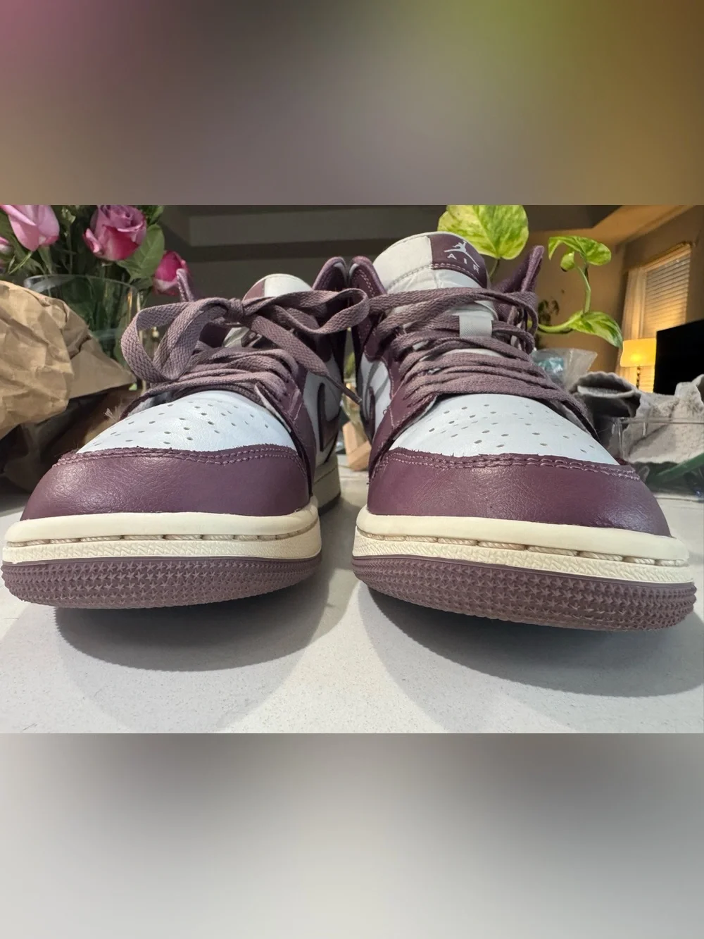 Nike Air Jordan 1’s Mid, Pure Platinum/Sky J Mauve, Size 9 Women
